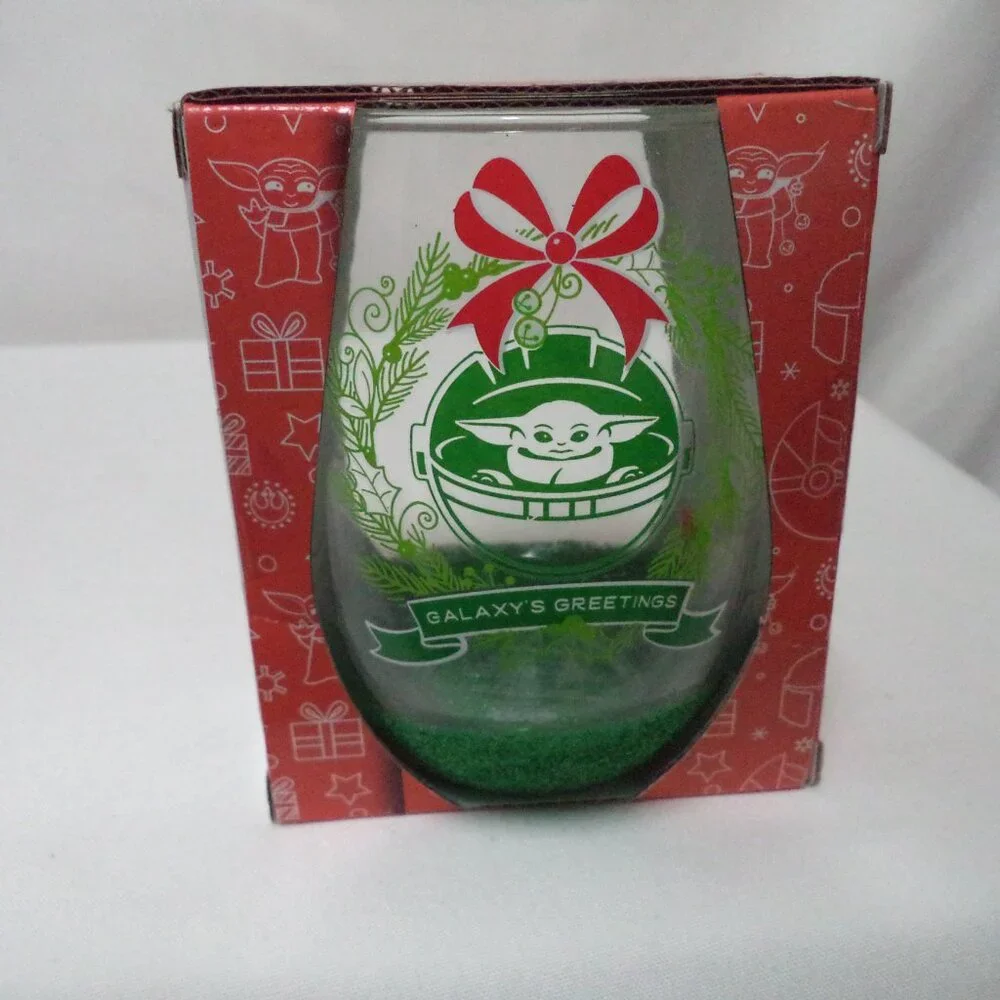 Star Wars Mandalorian Grogu Baby Christmas Yoda Wine Glass Set 2 glitter NEW NWT